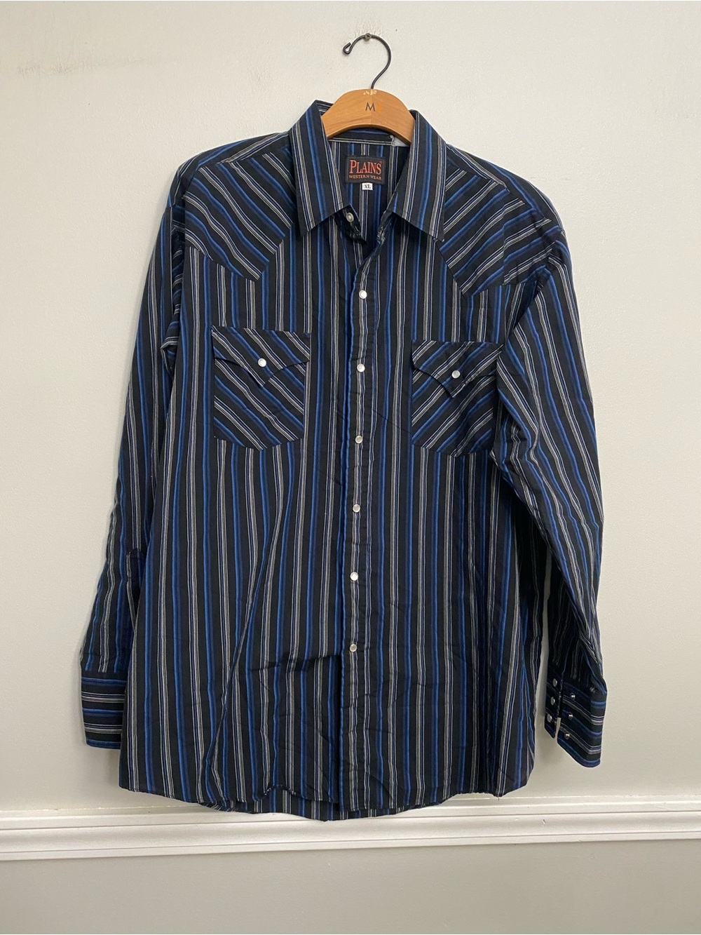 Vintage Men’s Ely Western Pearl Snap Long Sleeve Black Blue Stripes - XL